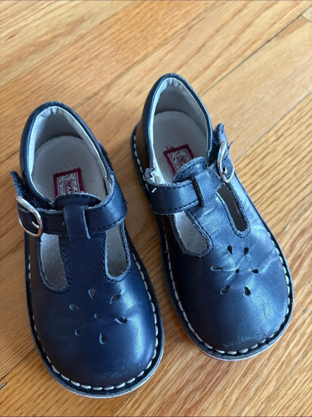 L'Amour Navy Leather T-Strap Girls Dress Shoes